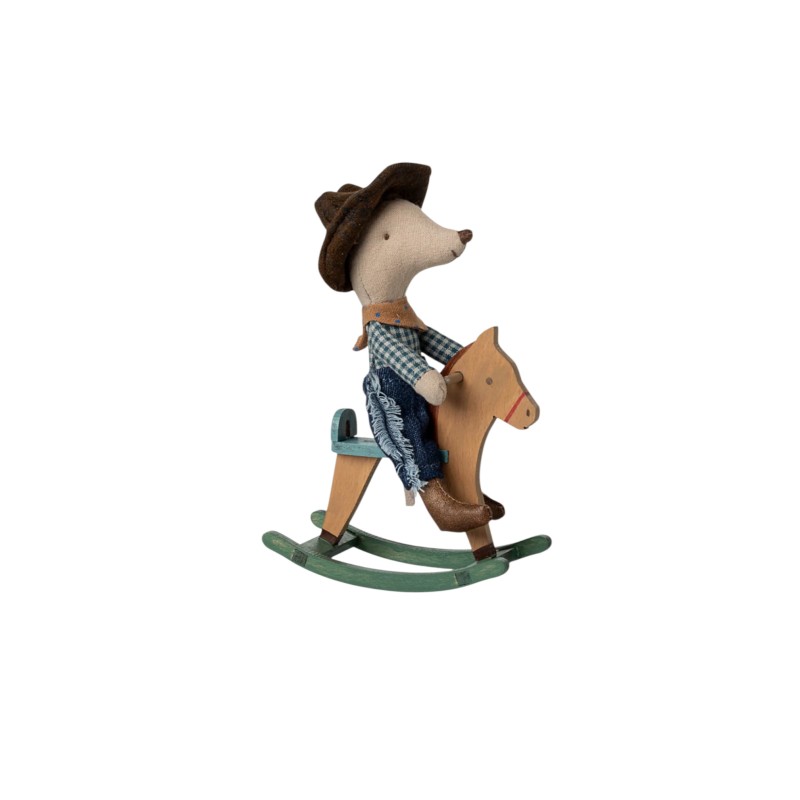 Souris cow-boy sur son cheval à bascule