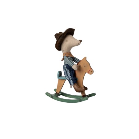 Souris cow-boy sur son cheval à bascule