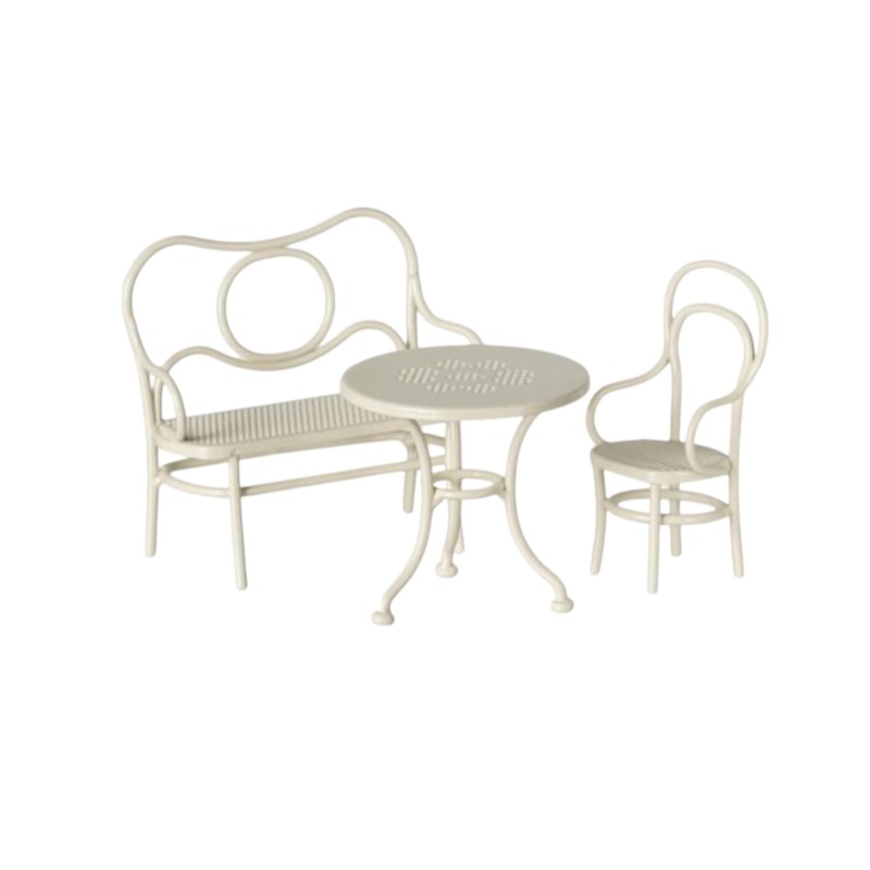 Table,banc et chaise souris blanc cassé